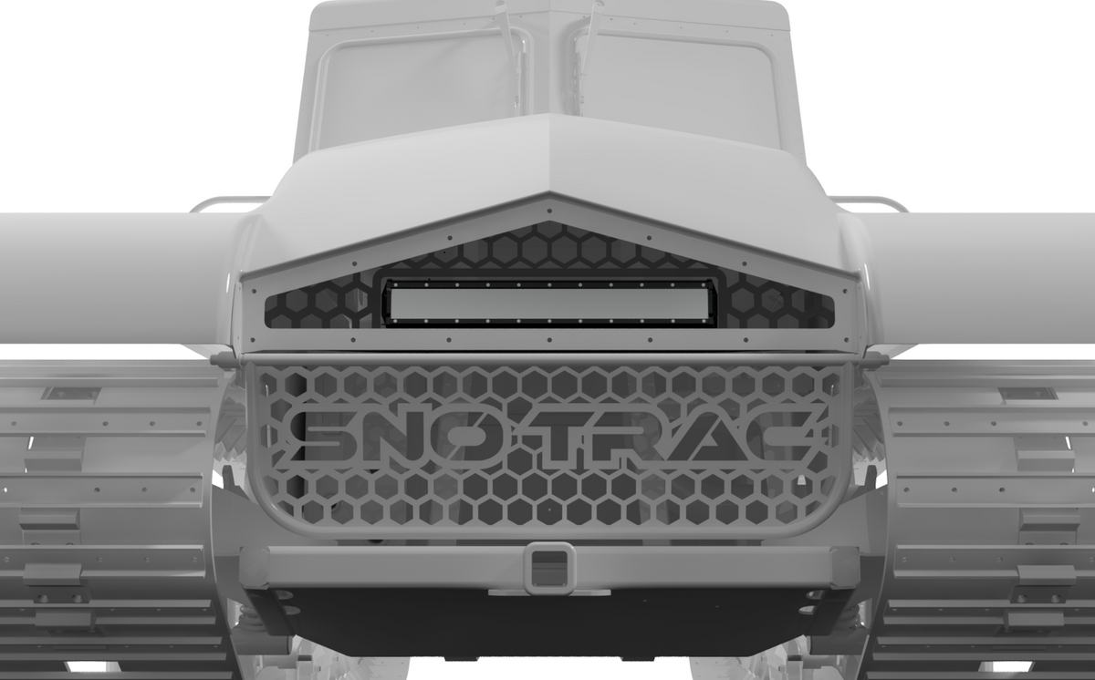 Sno-Trac snowcat front end with a 20-inch LED light bar mounted flush in a custom grille 