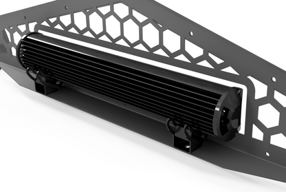 Sno Trac snowcat front end with a 20-inch LED light bar mounted flush in a custom grille below the headlights