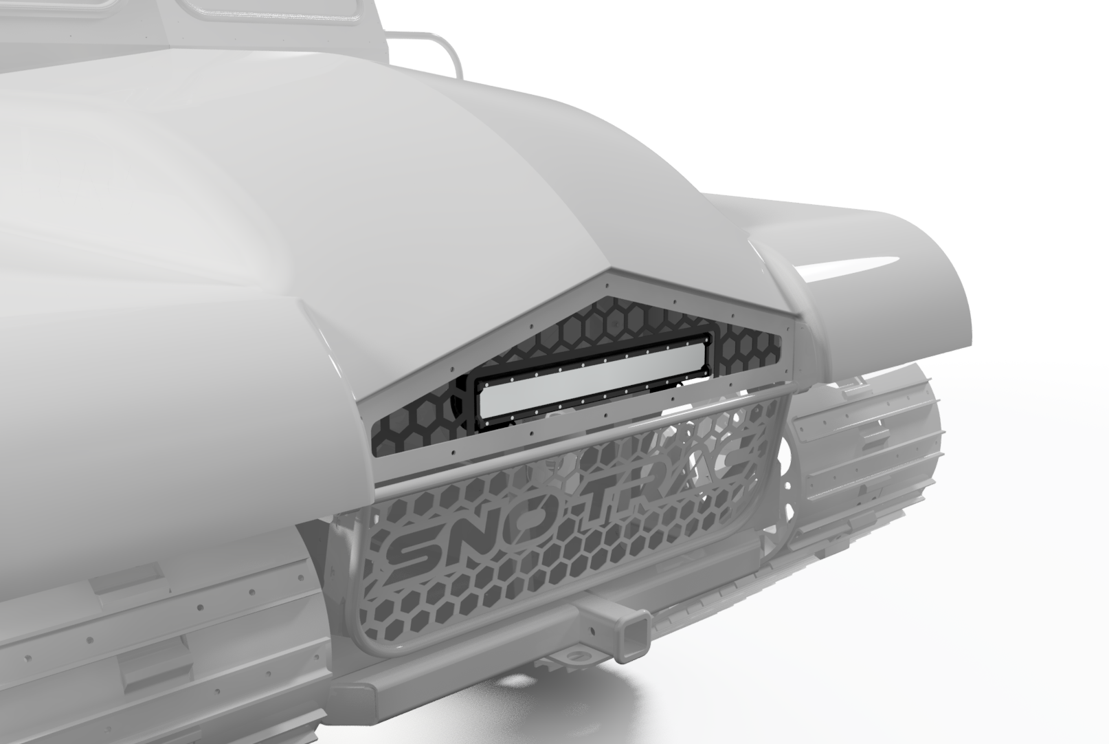 Close-up of a 20-inch Nilight LED light bar mounted flush in a custom Sno Trac grille