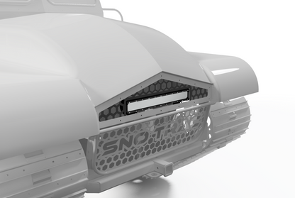 Close-up of a 20-inch Nilight LED light bar mounted flush in a custom Sno Trac grille